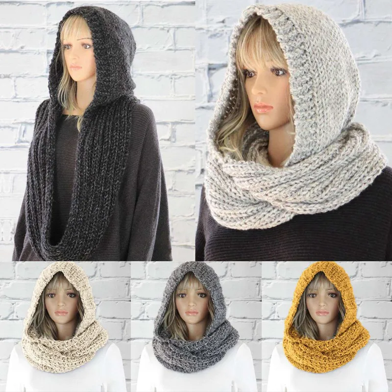 1pc Women Winter Scarf Hooded Bib Thick Warm Wool Circle Knitted for Unisex Neck Scarves Neckerchief Apparel Accessories |
