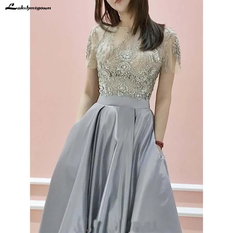 Royal Grey Vintage Evening Gown Satin A-Line Bateau Short Sleeve Beaded Sweep Train Prom Dress With Pockets Dress Long Evening