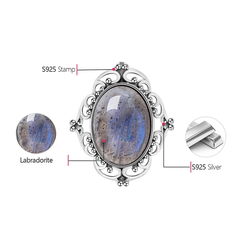 Lotus Fun реальные стерлингового серебра 925 натуральный Лабрадорит ручной работы
