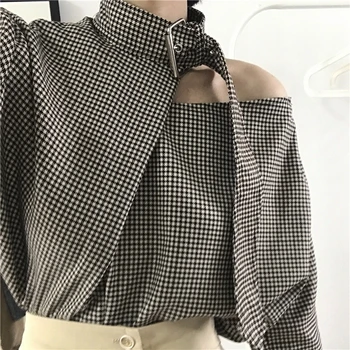 

New Products Long Sleeve Plaid Shirt Female Spring Clavicle Tops Scheming Non-mainstream Houndstooth Shirt