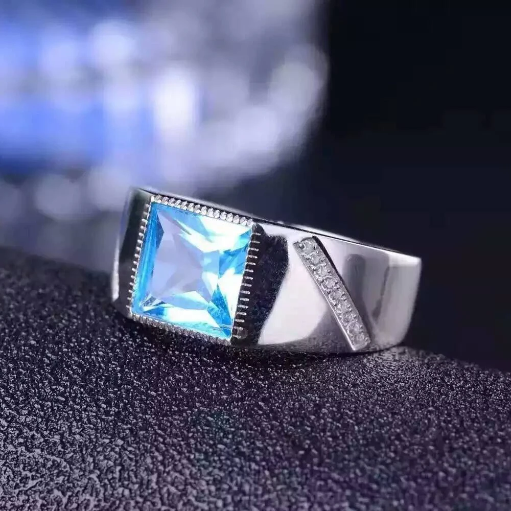 Мужское кольцо из 100% натурального синего топаза классическое серебряное с