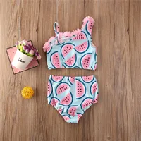 1-5Years Toddler Baby Girls Swimsuits Watermelon Print One Shoulder Flower Strap Sleeveless Bikini 2023 Girl Summer Swimwear 2