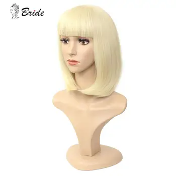 

BRIDE 14in Blonde Wig Straight Bob Wig With Bangs Synthetic Cosplay Wigs for White Women Natural Rainbow Wigs for Party Daily