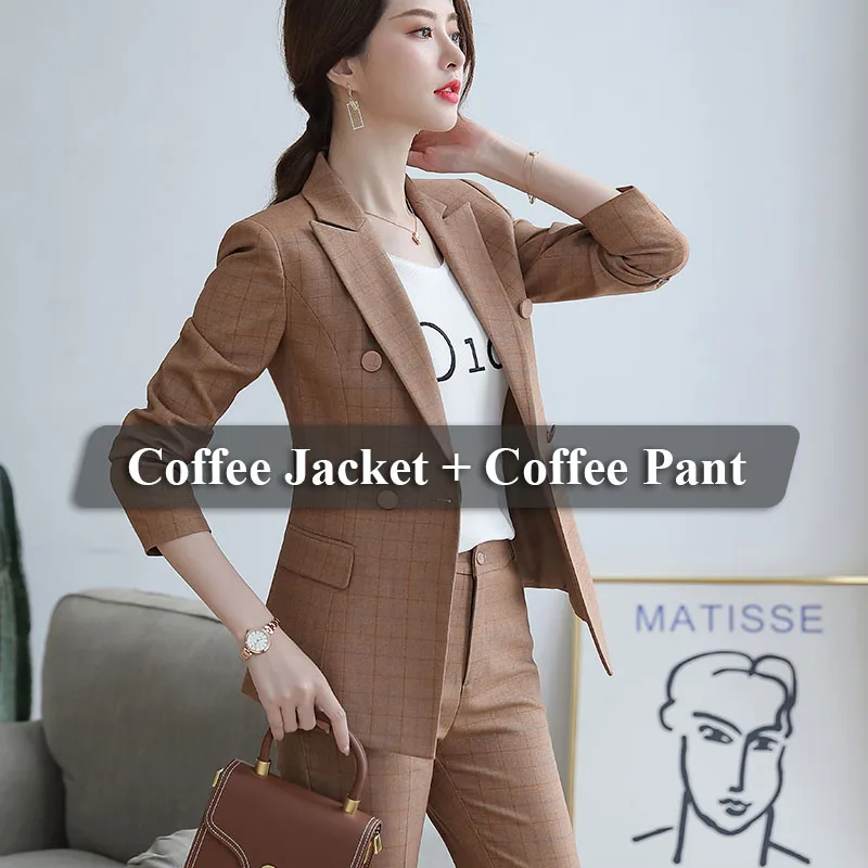 2 Pieces Coffee Suit Lenshin, высококачественный комплект из 2 предметов, клетчатый Деловой брючный костюм, блейзер, офисный дизайн, Женский мягкий пиджак и брюки длиной до щиколотки - Цвет: 2 Pieces Coffee Suit