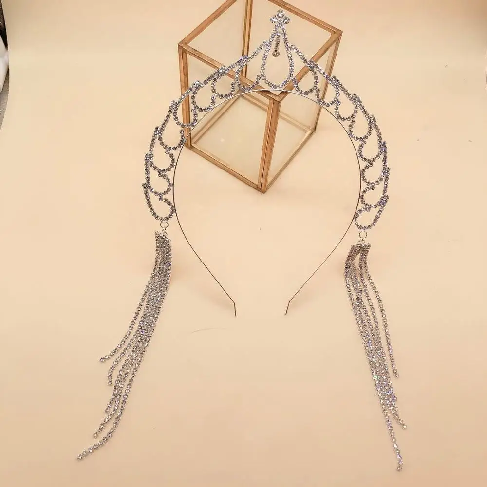 Luxury Rhinestone long tassel hair hoop Wedding Bridal headdress ladies shiny crystal headdress headband crown headdress gift