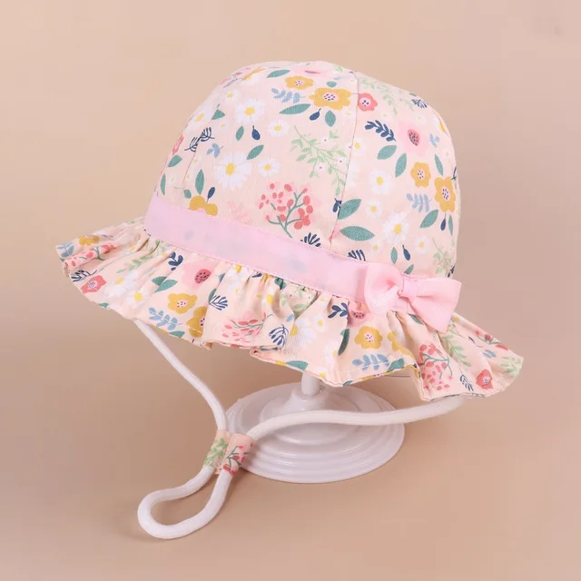 Summer Children Cotton Cartoon Bucket Cap For Boys Printing Floral Baby Girls Sun Hat Flower Kids Bonnet pink bowknot