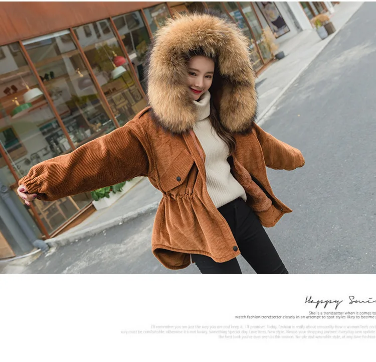 AYUNSUE Winter Jacket Women Clothes Thick Korean Style Corduroy Coat Large Fur Collar Down Cotton Overcoat Jackets KJ3462