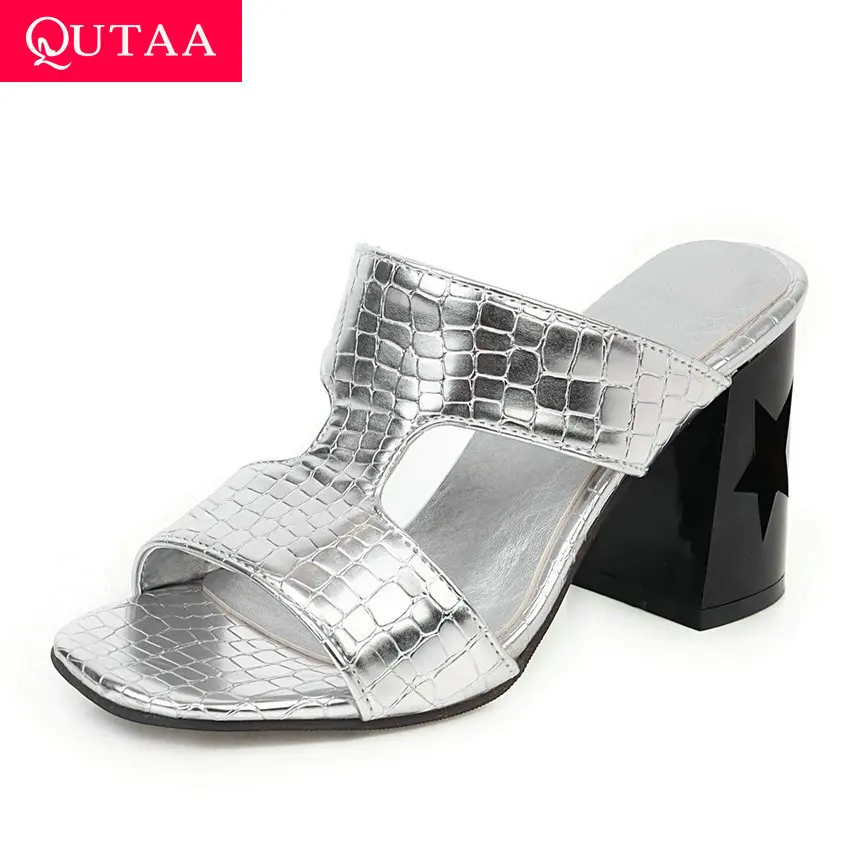 

QUTAA 2020 Square High Heel Cut Outs Women Shoes PU Leather Open-toed Summer Sandals Fashion Slingback Ladies Pumps Size 34-43