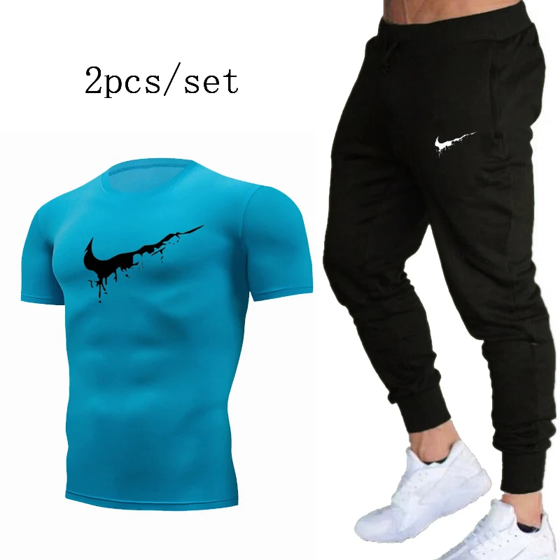 

New Running Sets Men's Quick-drying compression Stretch T-shirt+Sweatpants autumn Joggers Fitness training Sports Suits homber