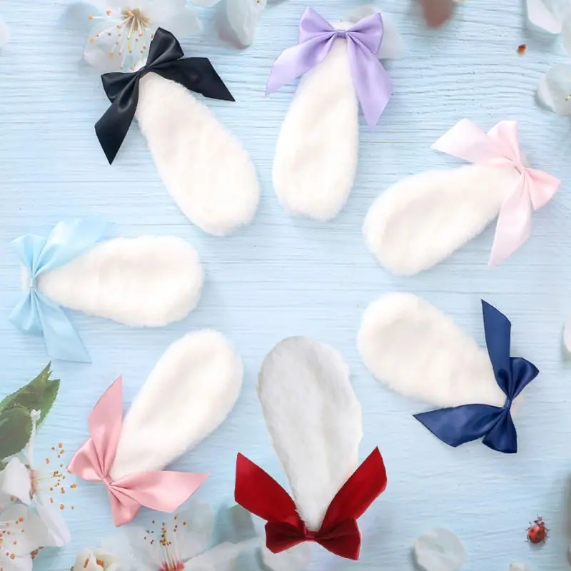 Kawaii Women Girls Hair Clip Cute Rabbit Bunny Plush Lop Ears Hairpin Candy Color Ribbon Bowknot Lolita Cosplay Hair Accessories yandy costumes