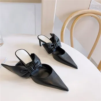 

MLJUESE 2020 women slippers Soft sheepskin Rome style summer pointed toe black color high heels sandals party wedding size 40