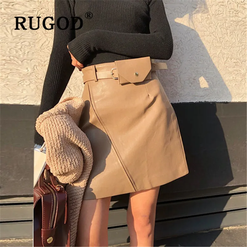RUGOD Новая Осенняя однотонная кожаная юбка для женщин ампир А-силуэт тонкая мини-юбка с карманом модная женская элегантная винтажная