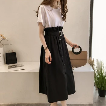 

2PCS Summer Womens Tshirt + Plaid Midi Skirt Set Women Fashion Belt Skirts Suit