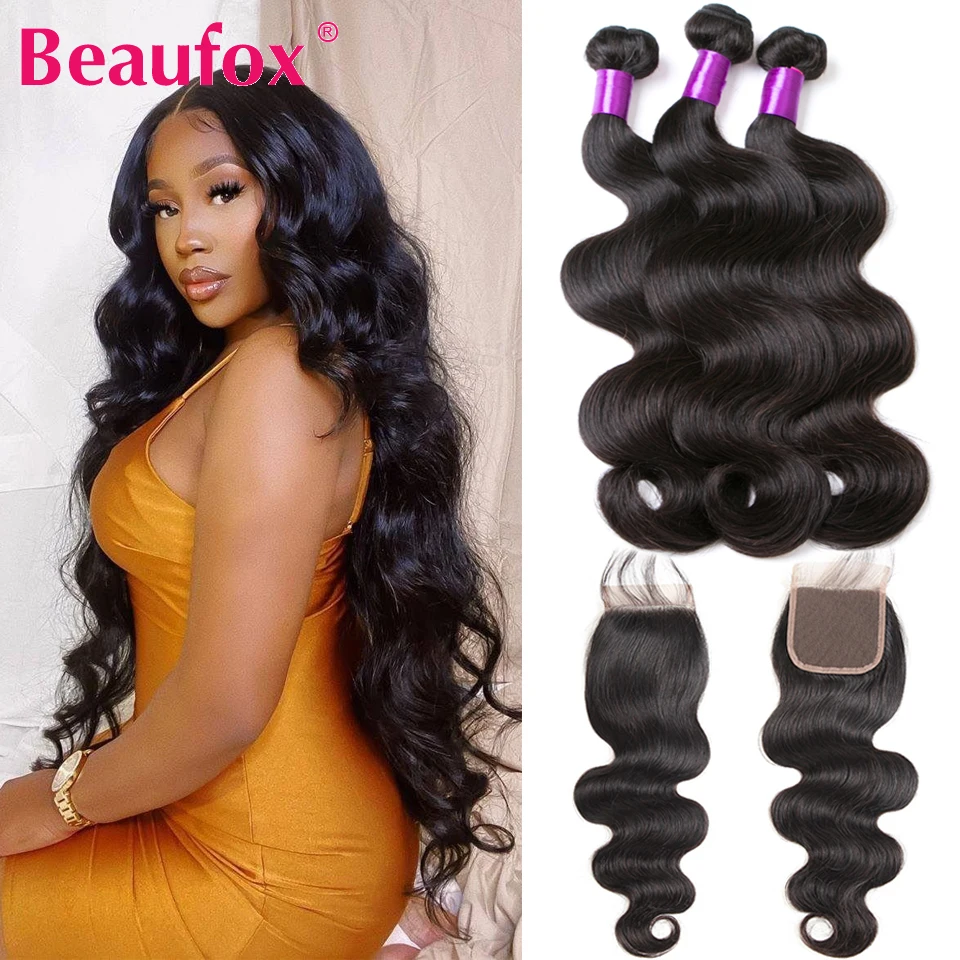 Beaufox de la onda del cuerpo de Malasia mechones con cierre extensiones de cabello humano mechones con cierre extensiones de cabello Remy extensiones de cabello humano Natural de la trama