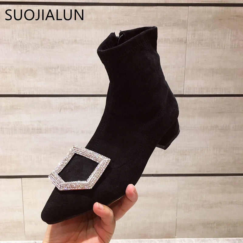 

SUOJIALUN Woman Boots Ankle Short Boots Fashion Brand Bling Crystal Flock Pointed Toe Flat Heel Booties Woman Zip Martin Boot