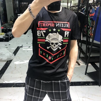 

Men's short sleeve T-shirt fashion Pirate Skull hot drilling trend mercerized cotton summer sports round neck top Highstree