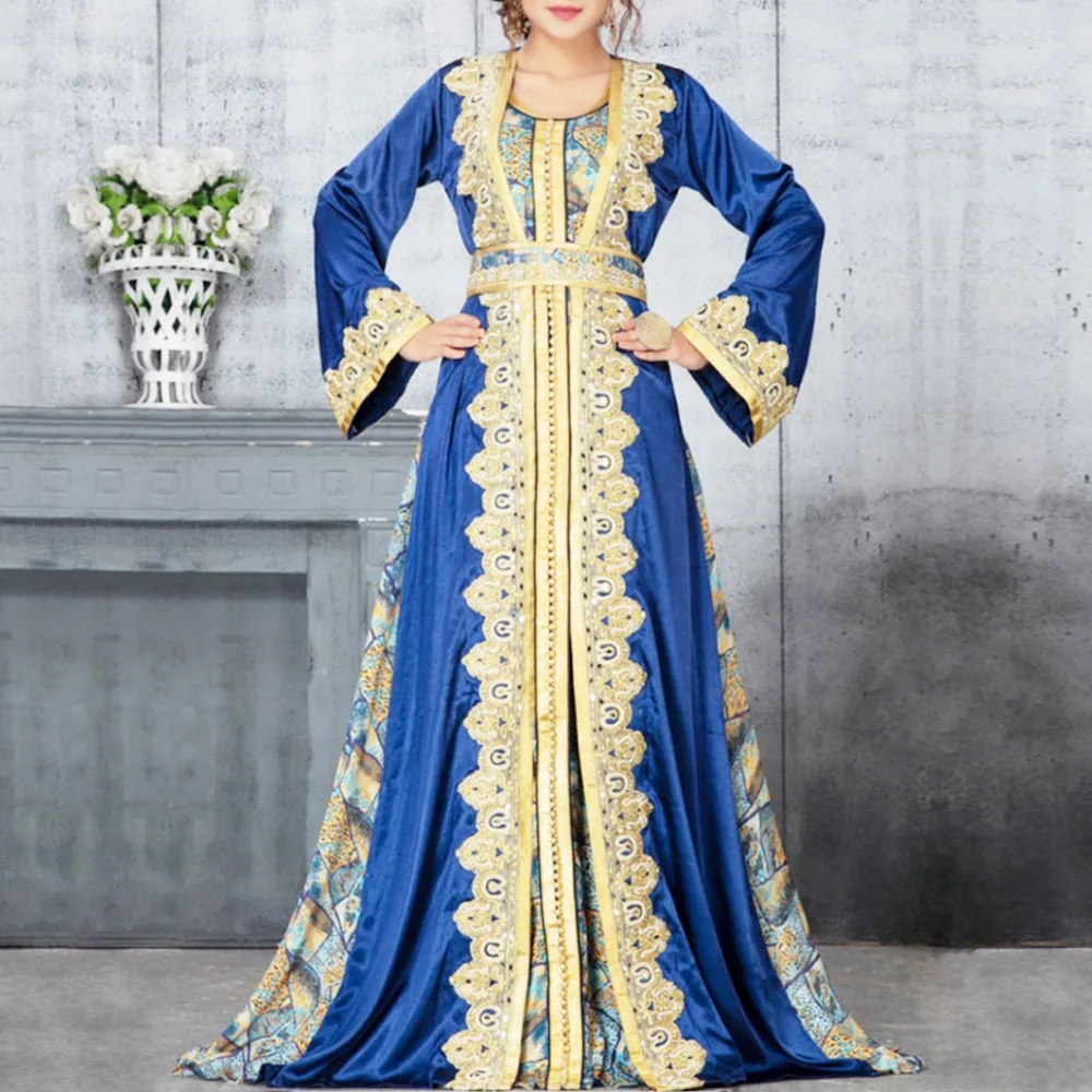 Muslim Maxi Dress Women Robes Full Sleeve Square Collar Middle East Printing Elegant Abayas Turkey Muslim Dress Ladies Dresses