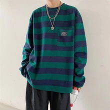 

2022 Trend Harajuku Striped Print Long Sleeve Men T Shirt Fashion Pocket Students All-match Oversized Punk Pullovers Clothes Top