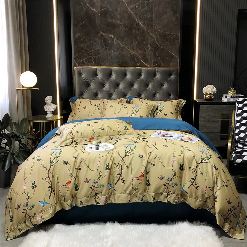 100% Egyptian Cotton US size Bedding Queen King size 4Pcs Birds and Flowers Leaf Gray Shabby Duvet Cover Bed sheet Pillow shams