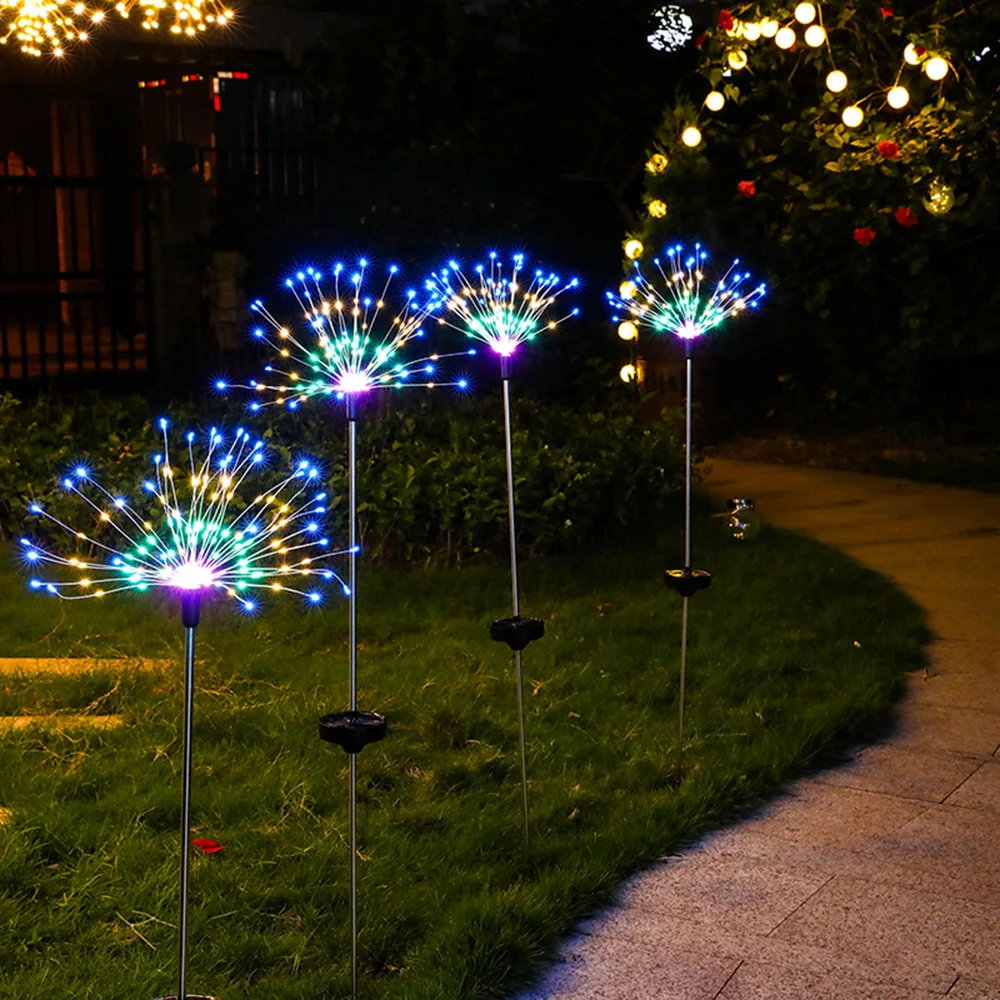 태양광 LED 불꽃놀이 스트링 라이트 90/150 LED 야외 방수 화환 요정 램프, 정원 잔디 파티오 조경 장식