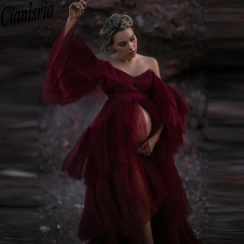 Burgundy Ruffles Evening Dresses Full Sleeve Vestido Pregnant Women Sexy Robe Shawel Off Shoulder Maternity Pregnant Photo Shoot sage green prom dress Prom Dresses