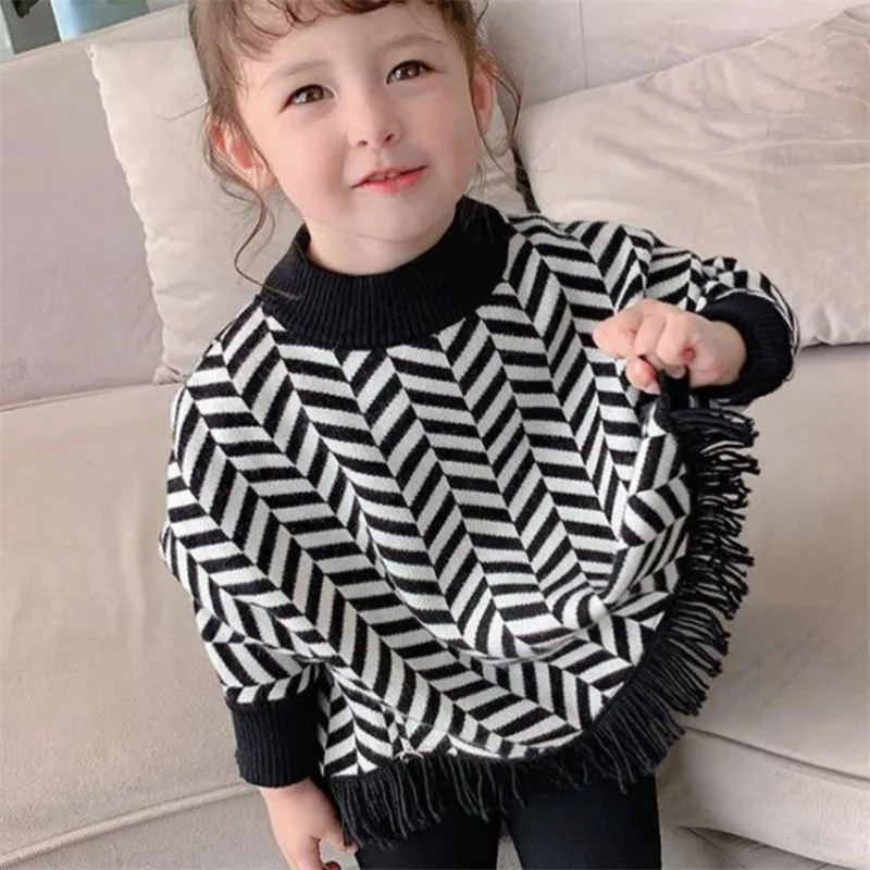 

2021 Girl Casual Sweater Children's Knitted Round Neck Autumn/Winter Kids Cute Cloak Keep Warm Thicken Houndstooth High Quality