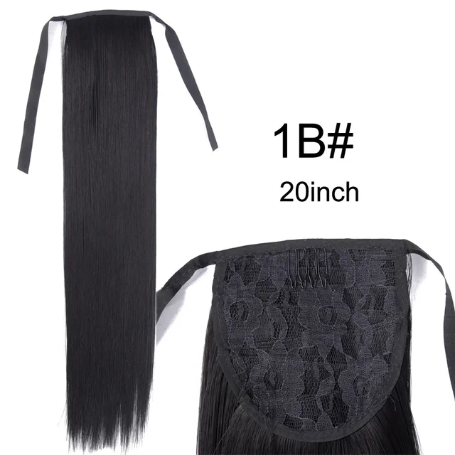 Leeons 20'' Synthetic Ponytail Hair pieces Heat Resistant Fiber Straight Ribbon Clip In Hair Extension 21 colors Brown Black 1b Drawstring