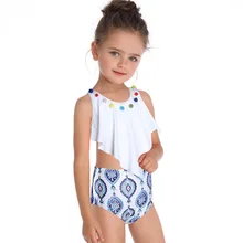 Комплект из двух предметов для девочек, детский купальник с оборками и принтом, летний купальный костюм, комплект бикини, детский пляжный купальник