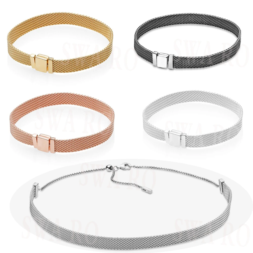 

2019 New Silver Mesh Necklace Rose Gold Reflective Bracelet 925 Silver Diy Charm Clip Original Women's Jewelry Exquisite Gift