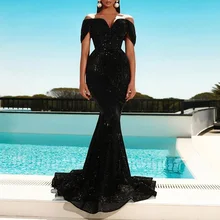 

Party Dresses Trumpet Floor-Length Boho Style Evening Dresses For Women Off Shoulder Short Sleeves Trumpet With Sequins New