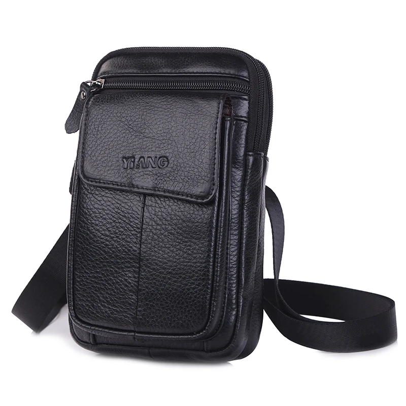 YIANG Mini Genuine Leather Men's Shoulder Messenger Bags Business Small Casual Flap Zipper Phone Case Designer Man CrossBody Bag - Цвет: Black