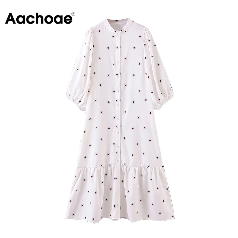 Aachoae Women Loose Print White Dress O Neck Lantern Half Sleeve Casual Midi Dress Female Plus Size Lady Pleated Dresses Vestido Aachoae Women Loose Print White Dress O Neck Lantern Half Sleeve Casual Midi Dress Female Plus Size Lady Pleated Dresses Vestido