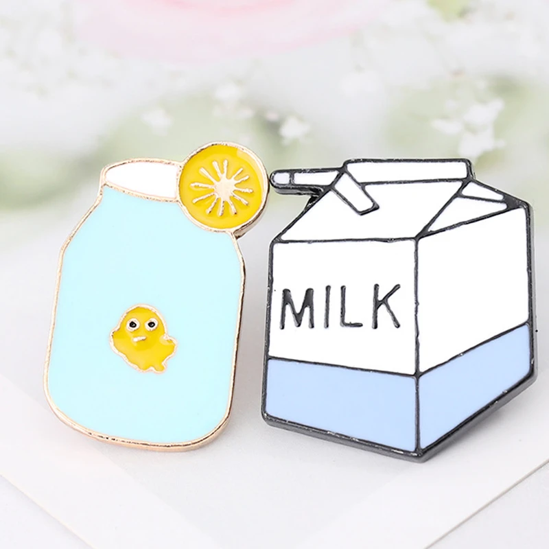 

New Women Men Milk Enamel Pins Cute Pet Duck Lemon Drink Brooches Icon Lapel Buttons Pin Badges Shirt Backpack Gifts Accessories