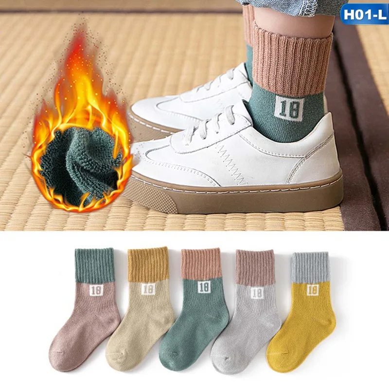 5Pairs/Pack Baby Kids Socks Autumn Winter Warm Thickening Terry Cotton Socks Fashion Pattern Socks for Children 1-12T