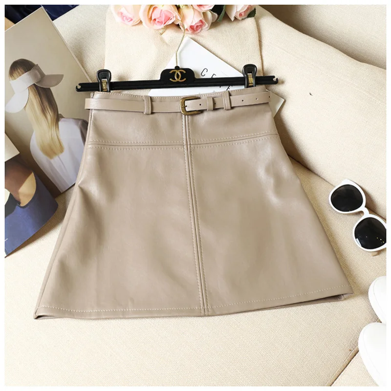 PU Leather Autumn Winter New Women Skirt High Waist Solid Sashes Mini Skirt A-Line Korean Above Knee Skirt