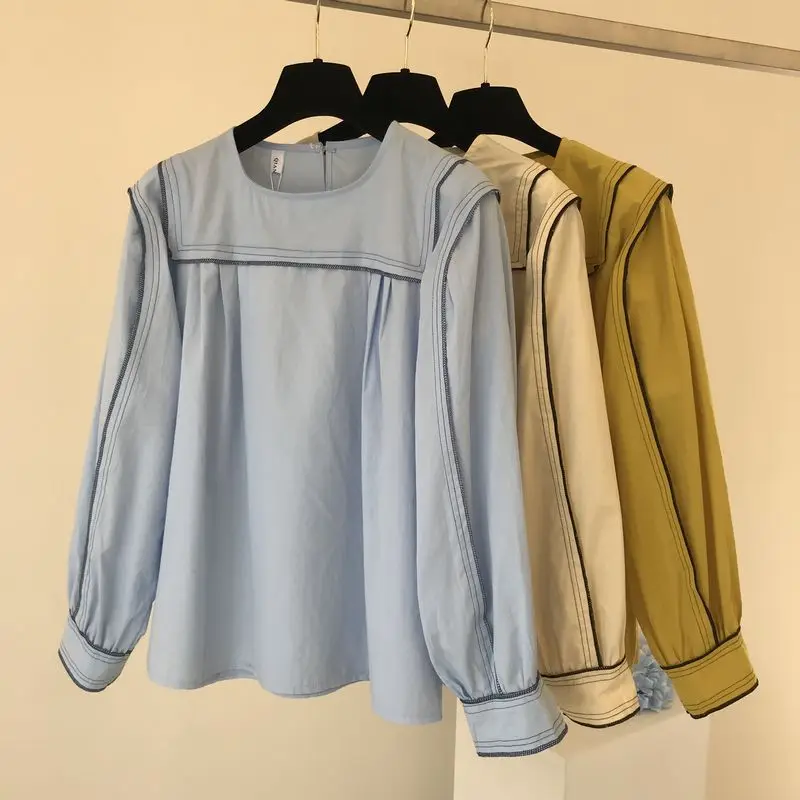 Neploe Korean Vintage Women Blouse Elegant Puff Long Sleeve Office Ladies Shirts Blusas Fashion Cotton Linen Tops and Blouses - Цвет: light blue blouse