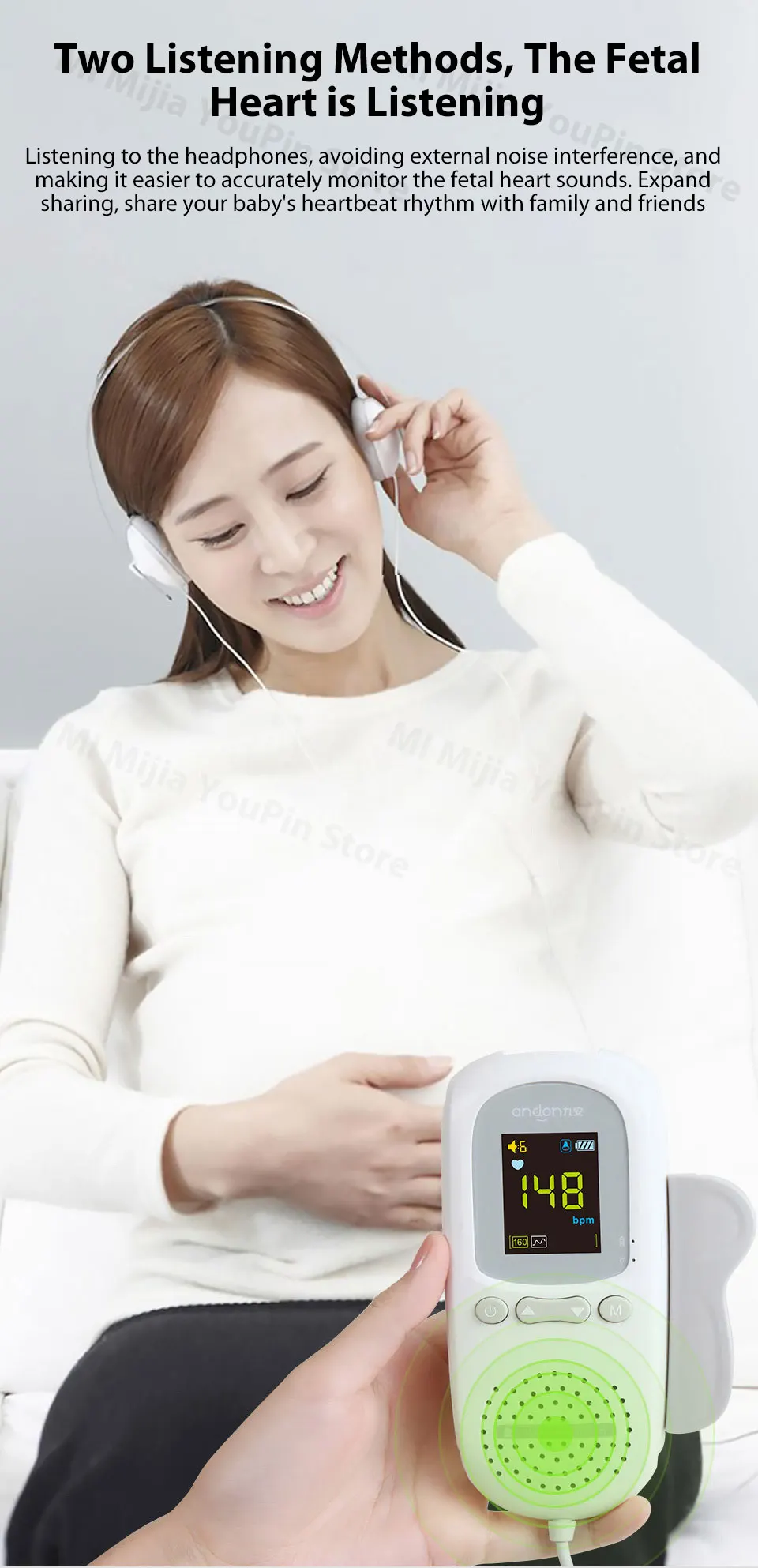 Xiaomi Mijia Andon Portable Home Ultrasonic Heart Rate Fetal Detector Radiationless Monitor Tester Tool Baby Heart Rate for Home