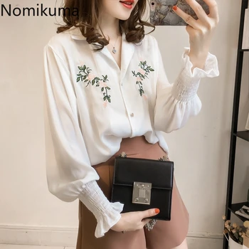 

Nomikuma V Neck Long Lantern Sleeve Blouse Embroidery Single Breasted Oversized Shirts Women Fashion New Tops Plus Size 3a202