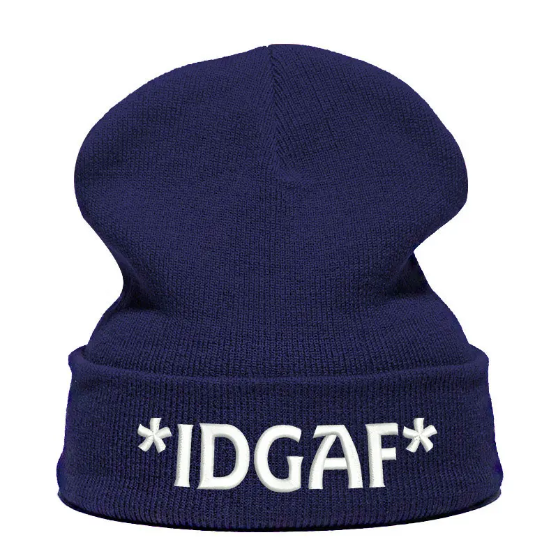 Beanie шляпа Skullie шапка, вязаная шапка-носок зима-осень с вышитыми буквами IDGAF в стиле панк Для мужчин Для женщин подростков уличных танцев забавные хип-хоп Кепки - Цвет: Navy WHITE