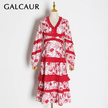 

GALCAUR Embroidery Patchwork Ruffles Women Dresses V Neck Lantern Long Sleeve High Waist Party Dress Female Fashion Clothes