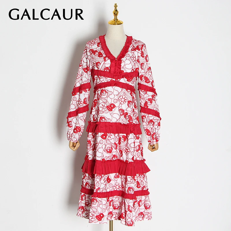 Galcaur Borduren Patchwork Ruches Vrouwen Jurken V-hals Lantaarn Lange Mouwen Hoge Taille Party Jurk Vrouwelijke Mode Kleding Galcaur Borduren Patchwork Ruches Vrouwen Jurken V-hals Lantaarn Lange Mouwen Hoge Taille Party Jurk Vrouwelijke Mode Kleding