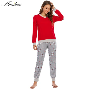 

Annilove Women Pajamas Wave Point Sleepwear Long Sleeves Set Pajama Autumn Winter Female Nightwear