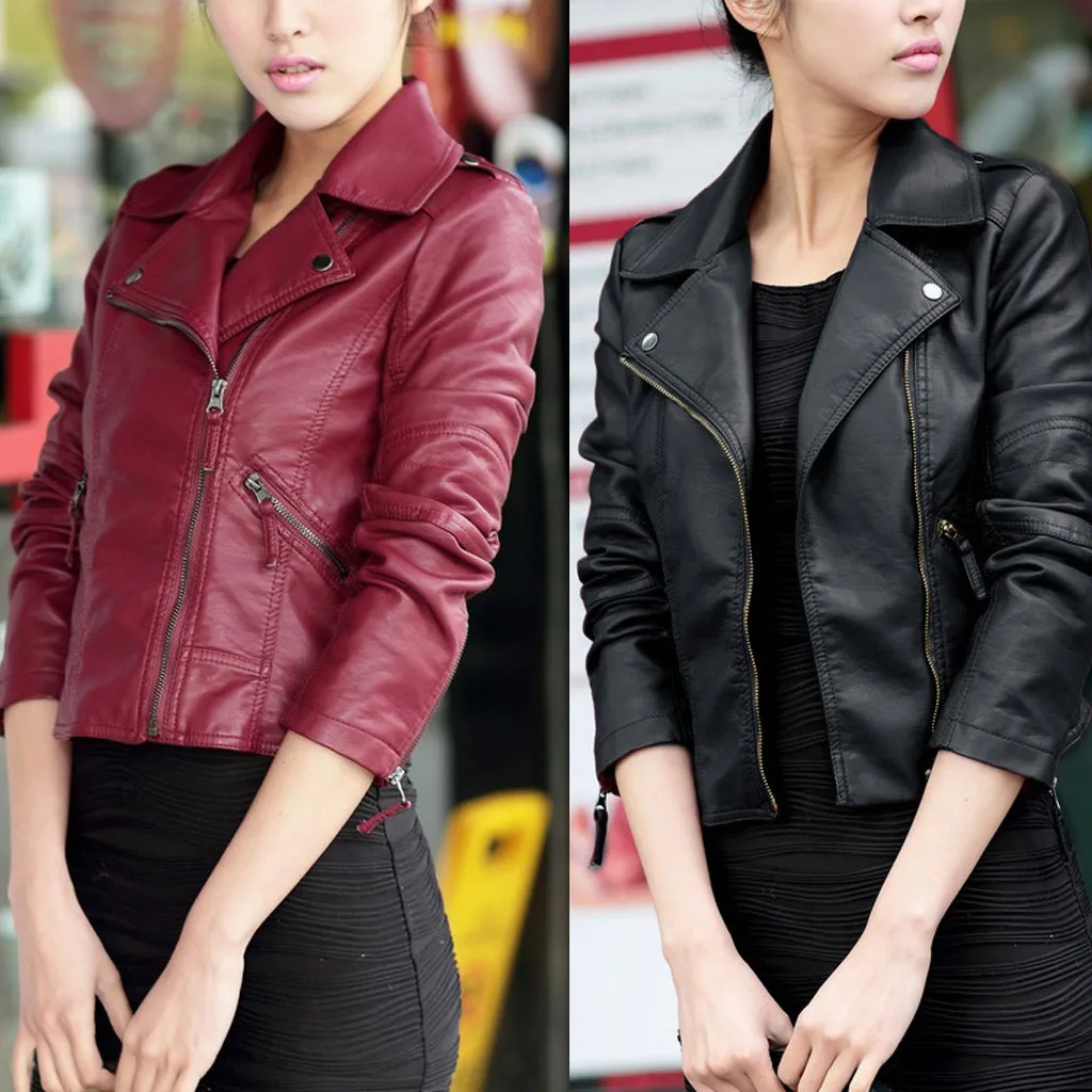 Trendy Women Leather Zipper Jacket Slim Biker Motorcycle Coat Punk Streetwear Casual Outwear Womens Jackets And Coats 2019 Tops | Женская
