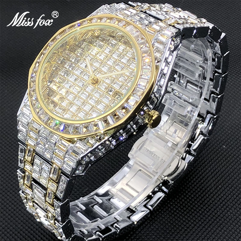 Montre Homme Luxe Missfox Luxury Baguette Designer Orologio Da Uomo Con Cinturino Largo Royal Diamond Dropshipping Orologio A Mano Per Uomo