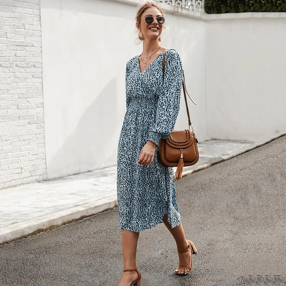 Цветочное длинное платье с v образным вырезом и длинными рукавами высокая талия