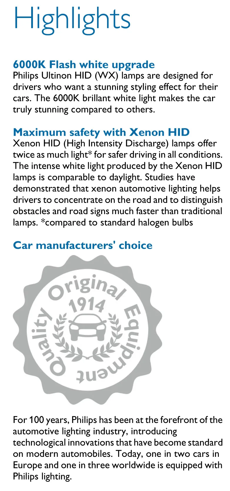 Philips D2S 85122WX 35W Xenon Ultinon HID 6000K Cool Blue White Light Auto Upgrade Headlight Bulb Flash Quick Start, Pair