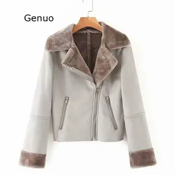 

Buckskin Long Sleeve Lapel Zipper Women's Jacket 2019 Winter New Warm Locomotive Harajuku Female Coat Fur One Retro Top