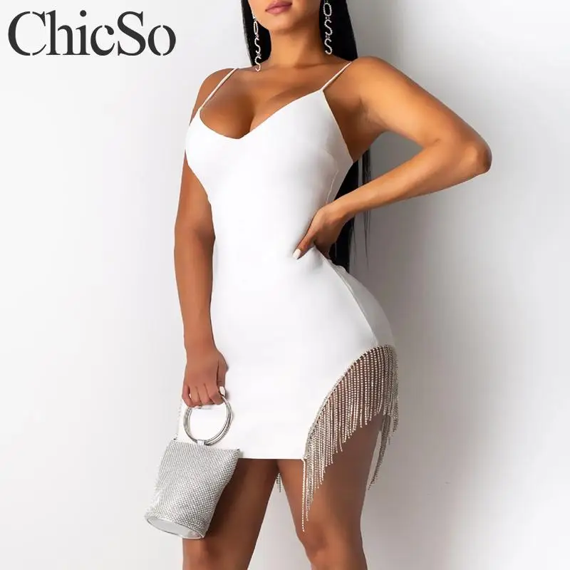 

Missychilli v neck tassel sleeveless white dress Women elegant bodycon strap short dress Autumn winter sexy club party dress new