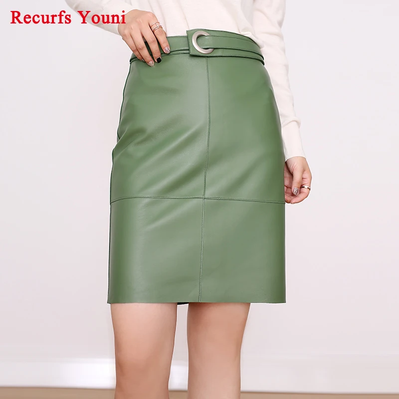Новая женская Стильная Roupas Натуральная кожа Пряжка Deco юбка миди Femme хаки/зеленый/черный карандаш Saia OL Рабочая обёрточная бумага Gonne