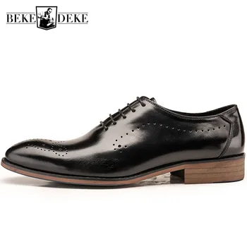 

2019 Pointed Toe Wing Tip Brogue Mens Oxfords Shoes Genuine Leather Office Business Man Footwear Lace Up British Formal Shoes